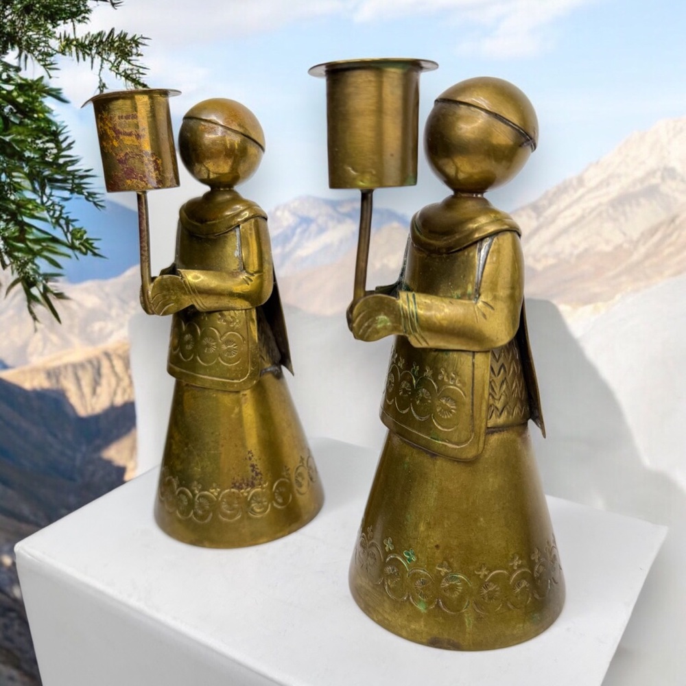 Vtg A Pair Guardian Angel Mexico Peggy Page Gold Brass Candle stick holders 6"